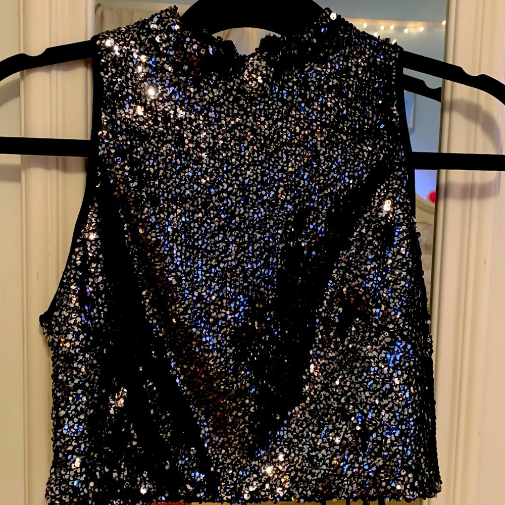 Black Sequined Highneck Crop Top